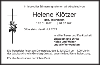 Traueranzeige von Helene Klötzer von Frankenpost