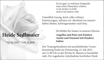 Traueranzeige von Heide Sedlmaier von Neue Presse Coburg