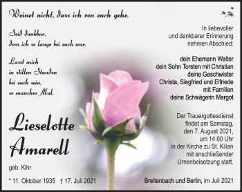 Traueranzeige von Lieselotte Amarell von Südthüringer Presse