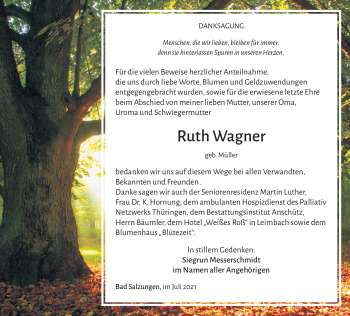 Traueranzeige von Ruth Wagner von Südthüringer Presse
