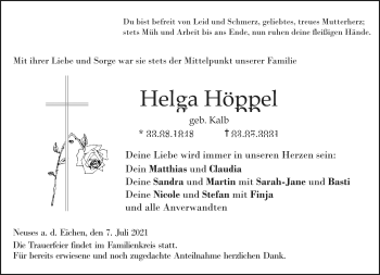 Traueranzeige von Helga Höppel von Neue Presse Coburg