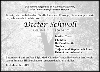 Traueranzeige von Dieter Schwoll von Südthüringer Presse