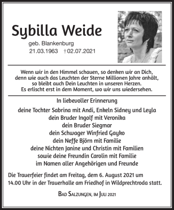 Traueranzeige von Sybilla Weide von Südthüringer Presse