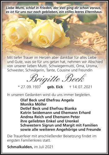 Traueranzeige von Brigitte Beck von Südthüringer Presse