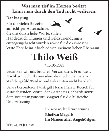 Traueranzeige von Thilo Weiß von Südthüringer Presse