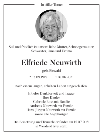 Traueranzeige von Elfriede Neuwirth von Südthüringer Presse