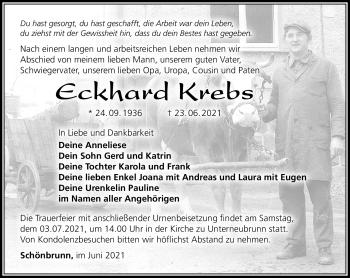 Traueranzeige von Eckhards Krebs von Südthüringer Presse