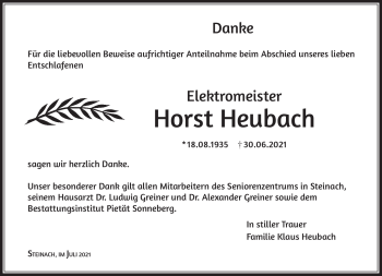 Traueranzeige von Horst Heubach von Südthüringer Presse