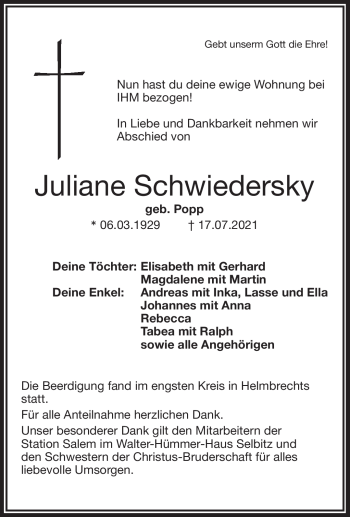 Traueranzeige von Juliane Schwiedersky von Frankenpost