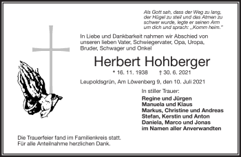 Traueranzeige von Herbert Hohberger von Frankenpost