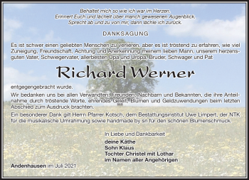 Traueranzeige von Richard Werner von Südthüringer Presse