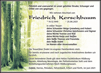 Traueranzeige von Friedrich Kerschbaum von Südthüringer Presse