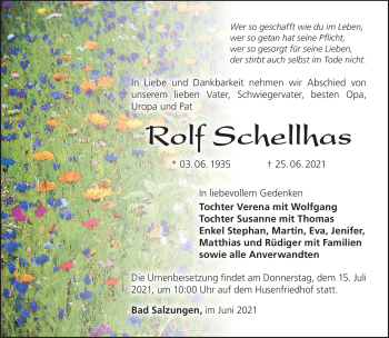 Traueranzeige von Rolf Schellhas von Südthüringer Presse