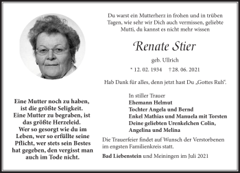 Traueranzeige von Renate Stier von Südthüringer Presse