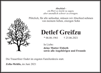 Traueranzeige von Detlef Greifzu von Südthüringer Presse