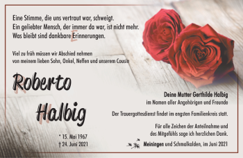 Traueranzeige von Roberto Halbig von Südthüringer Presse