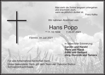 Traueranzeige von Hans Popp von Frankenpost