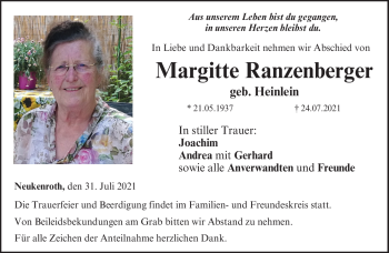 Traueranzeige von Margitte Ranzenberger von Neue Presse Coburg