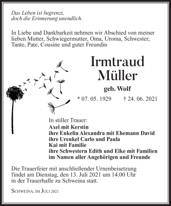 Traueranzeige von Irmtraud Müller von Südthüringer Presse