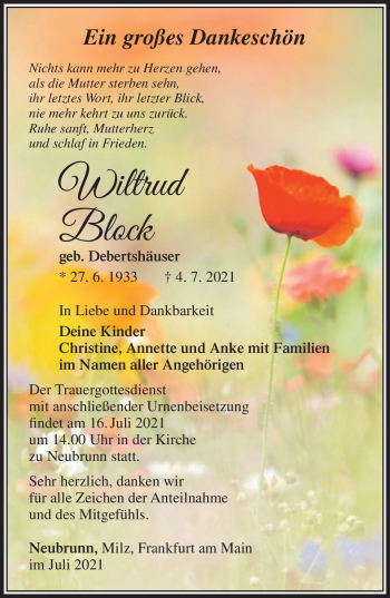Traueranzeige von Wiltrud Block von Südthüringer Presse