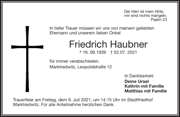 Traueranzeige von Friedrich Haubner von Frankenpost