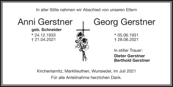 Traueranzeige von AnniGeorg GerstnerGerstner von Frankenpost