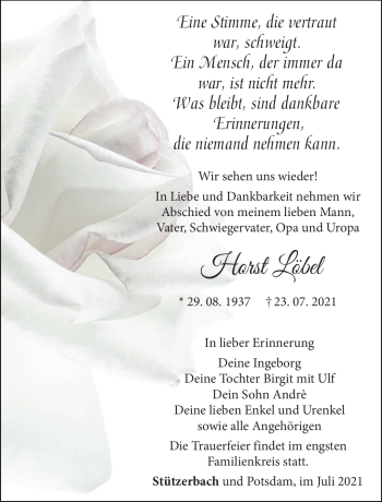 Traueranzeige von Horst Löbel von Südthüringer Presse