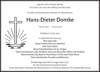 Traueranzeige von Hand-Dieter Domke von Frankenpost