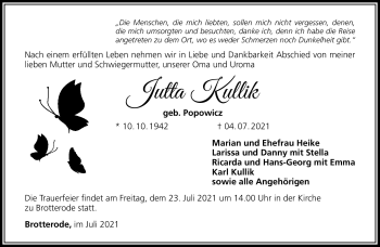 Traueranzeige von Jutta Kullik von Südthüringer Presse