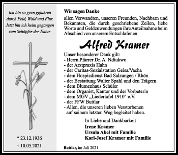 Traueranzeige von Alfred Kramer von Südthüringer Presse