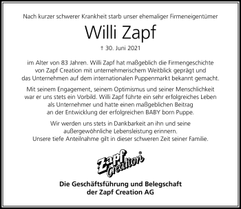 Traueranzeige von Willi Zapf von Neue Presse Coburg