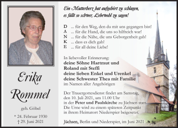 Traueranzeige von Erika Rommel von Südthüringer Presse