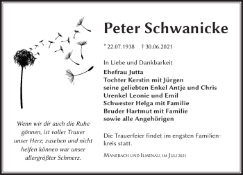 Traueranzeige von Peter Schwanicke von Südthüringer Presse
