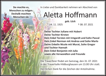 Traueranzeige von Aletta Hoffmann von Südthüringer Presse