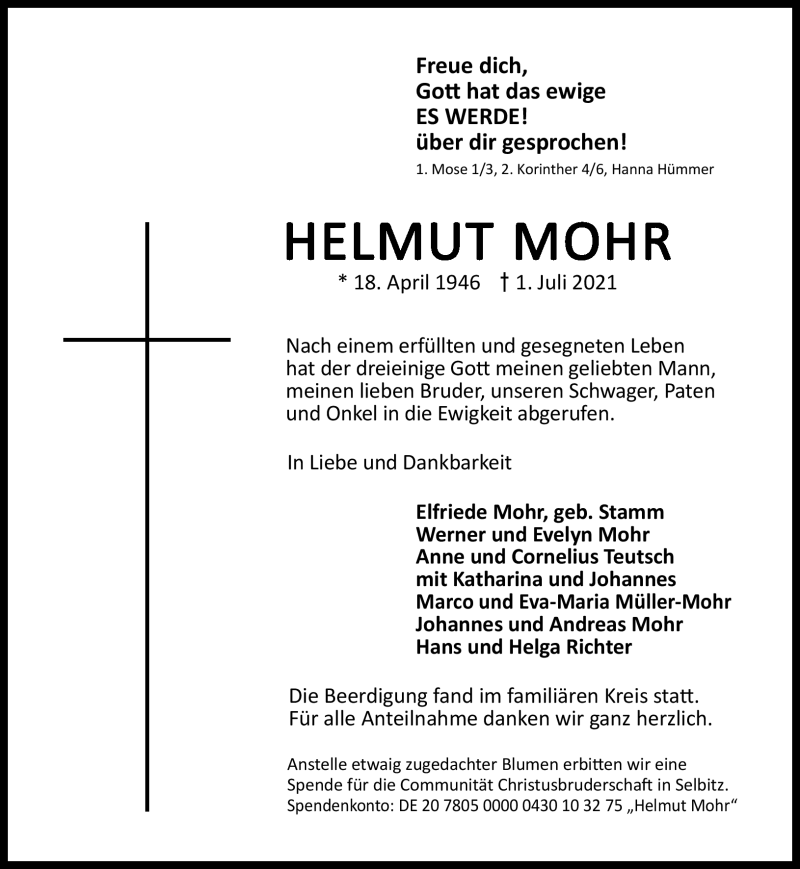  Traueranzeige für Helmut Mohr vom 07.07.2021 aus Frankenpost