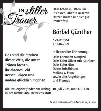Traueranzeige von Barbara Günther von Südthüringer Presse
