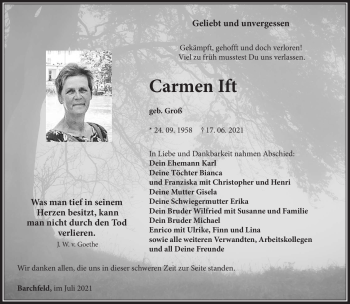 Traueranzeige von Carmen Ift von Südthüringer Presse
