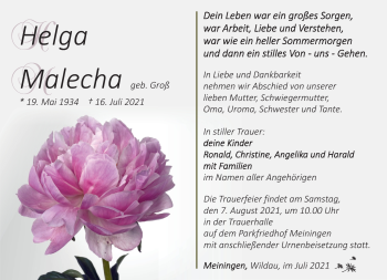Traueranzeige von Helga Malecha von Südthüringer Presse