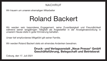 Traueranzeige von Roland Backert von Neue Presse Coburg