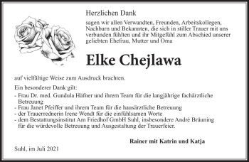 Traueranzeige von Elke Chejlawa von Südthüringer Presse