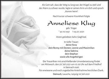 Traueranzeige von Anneliese Klug von Südthüringer Presse