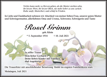 Traueranzeige von Rosel Grimm von Südthüringer Presse