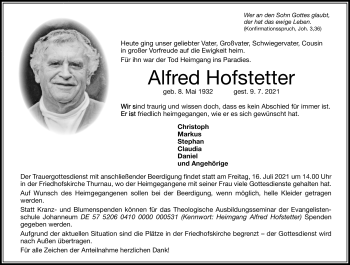 Traueranzeige von Alfred Hofstetter von Frankenpost