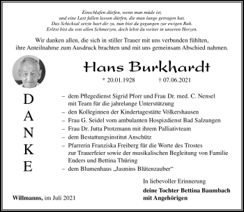 Traueranzeige von Hans Burkhardt von Südthüringer Presse