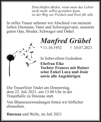Traueranzeige von Manfred Grübel von Südthüringer Presse
