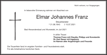 Traueranzeige von Elmar Johannes Franz von Frankenpost