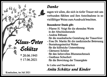Traueranzeige von Klaus-Peter Schütze von Südthüringer Presse