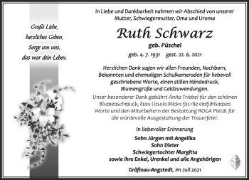 Traueranzeige von Ruth Schwarz von Südthüringer Presse