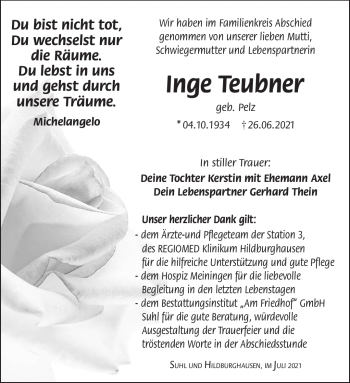 Traueranzeige von Inge Teubner von Südthüringer Presse