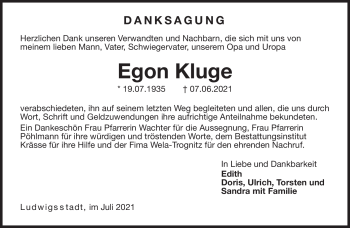 Traueranzeige von Egon Kluge von Neue Presse Coburg